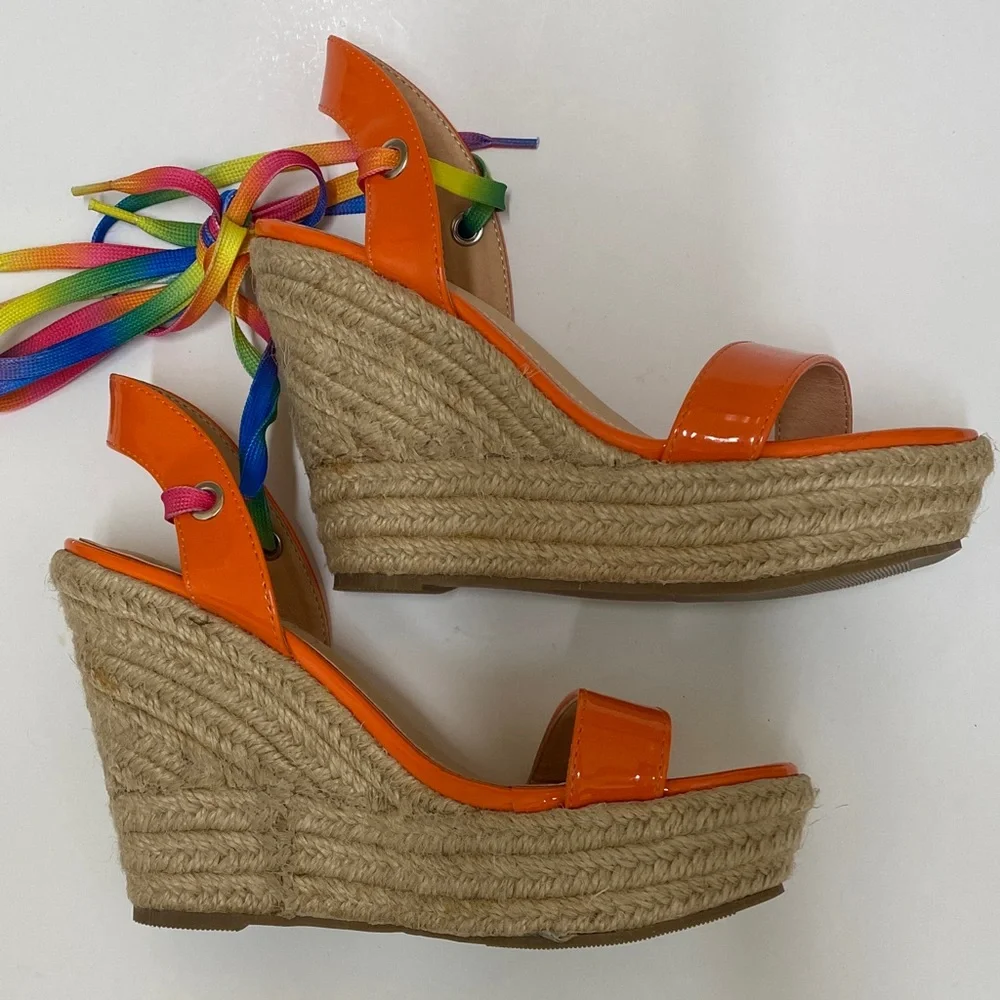 Liliana Orange Dopamine Wedge Espadrille with Multicolor Straps Size 5.5